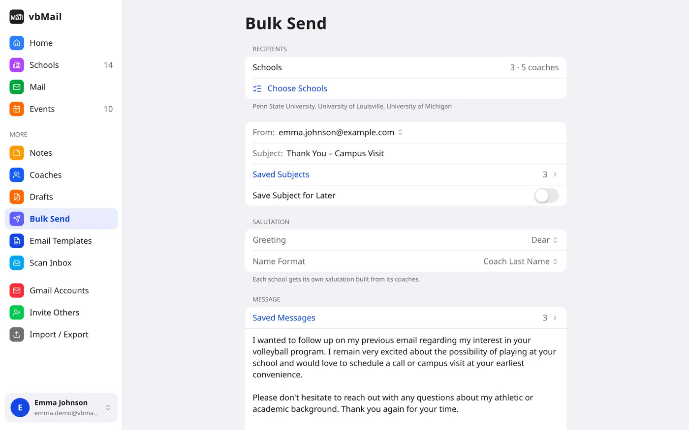 Bulk Send in vbMail: three schools chosen, a saved subject, salutation settings and the message