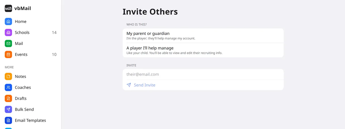 Invite Others in vbMail: invite a parent or guardian, or a player you'll help manage
