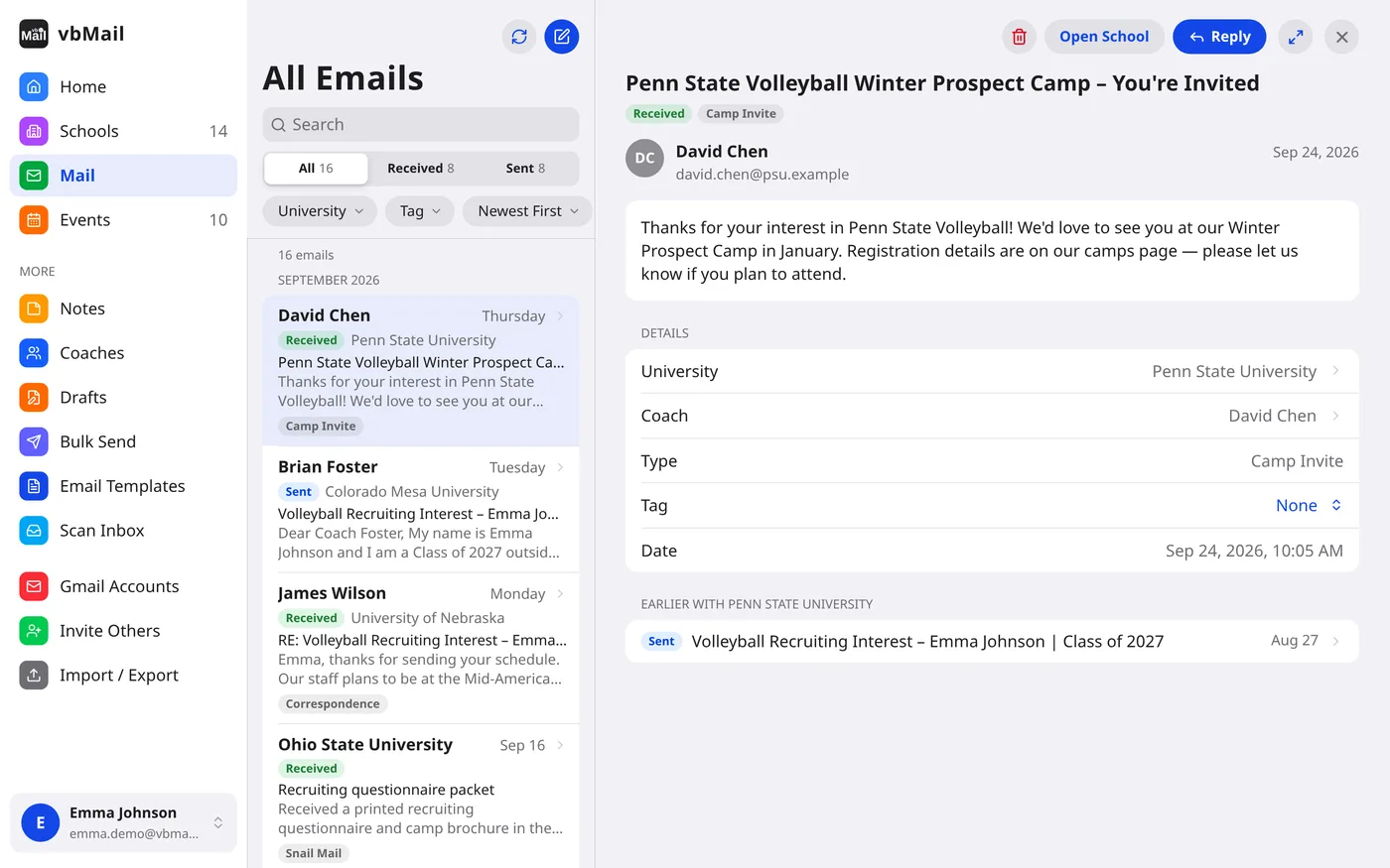 All Emails in vbMail: a month-grouped list of sent and received mail beside an open message