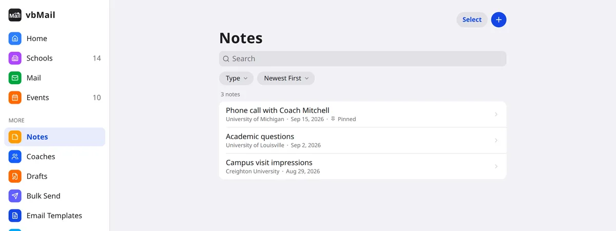 The Notes page in vbMail listing notes by school and date
