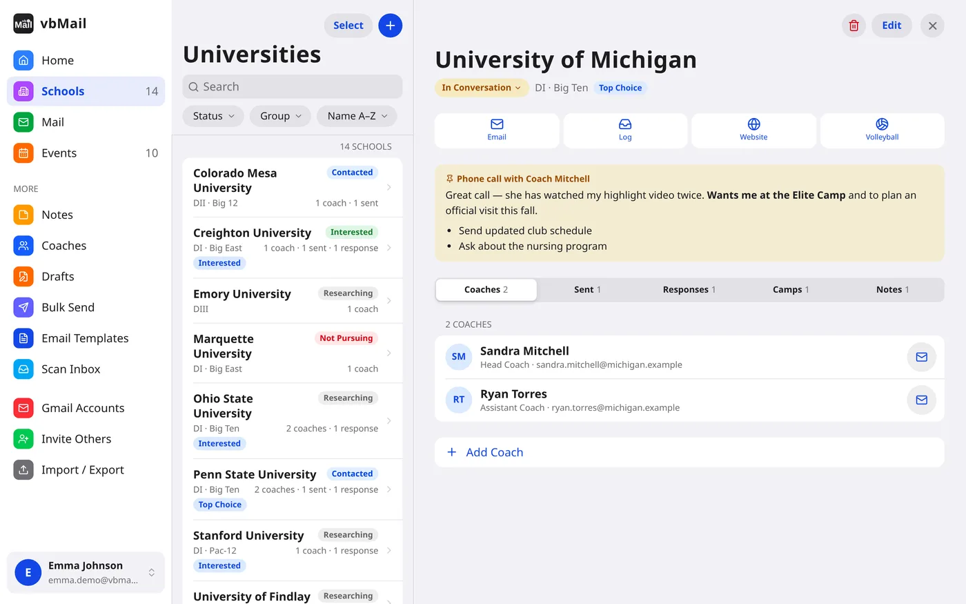 A university's page in vbMail with its status, pinned note and coaches, beside the list of schools
